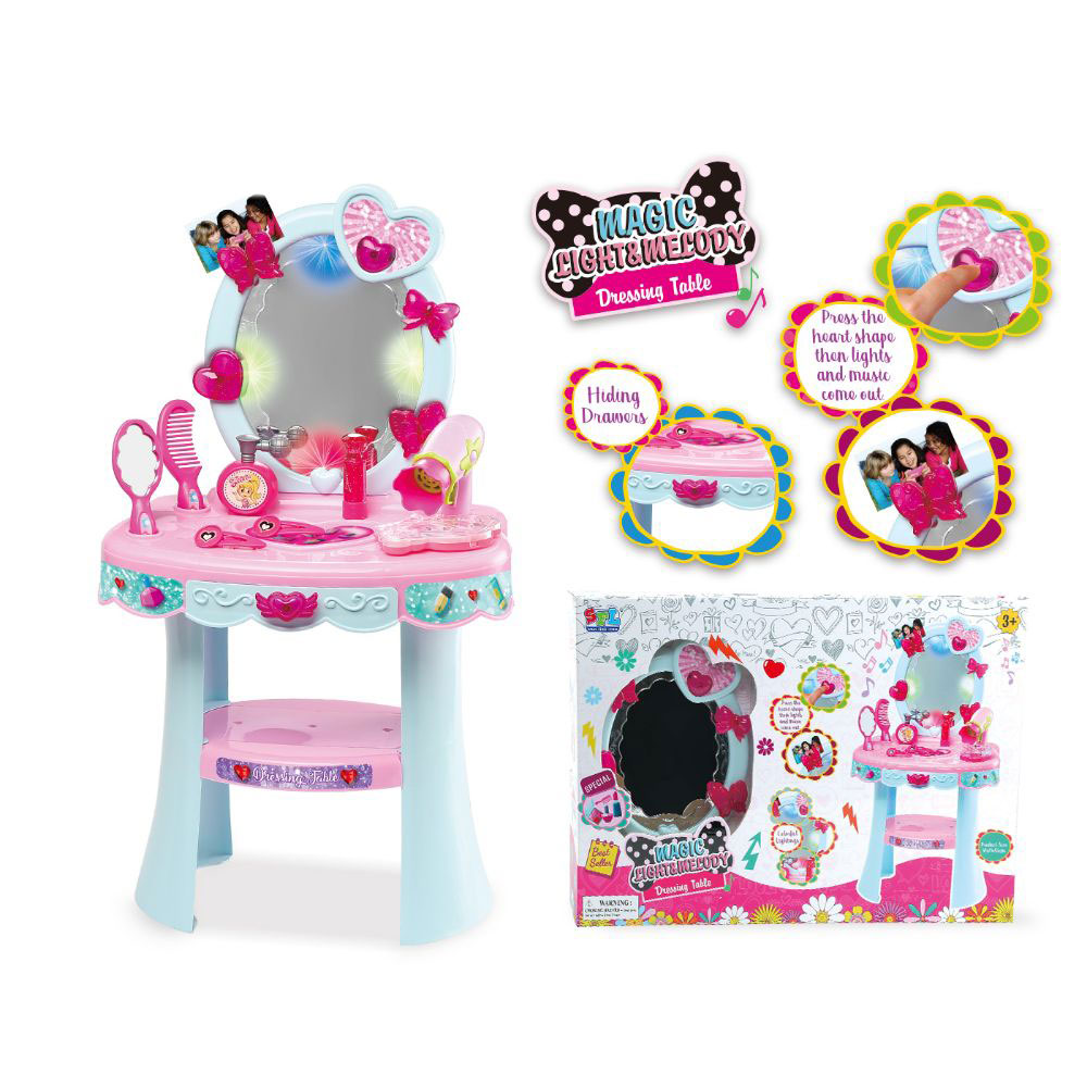 Toy Land Beauty Dresser Pretend play Vanity Makeup Play Set Girls dressing table with mirror, light and melody.