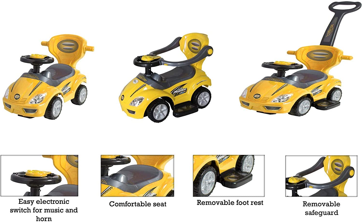 Toy Land 3 in 1 Multifunction Ride on Push Car for Kids-YelLow